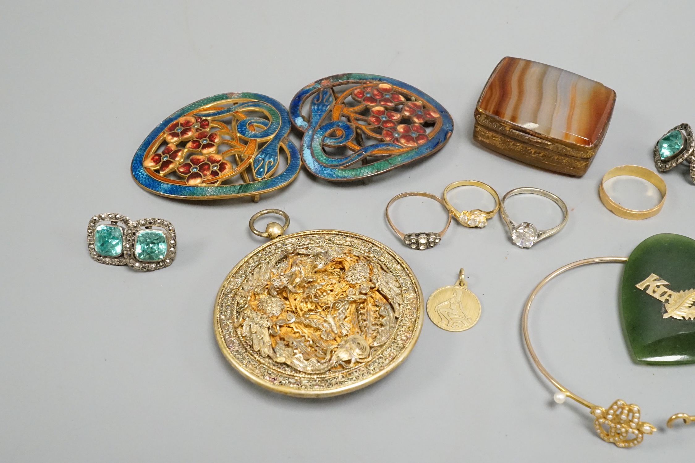 A quantity of mainly costume jewellery and other items including enamelled belt buckle.